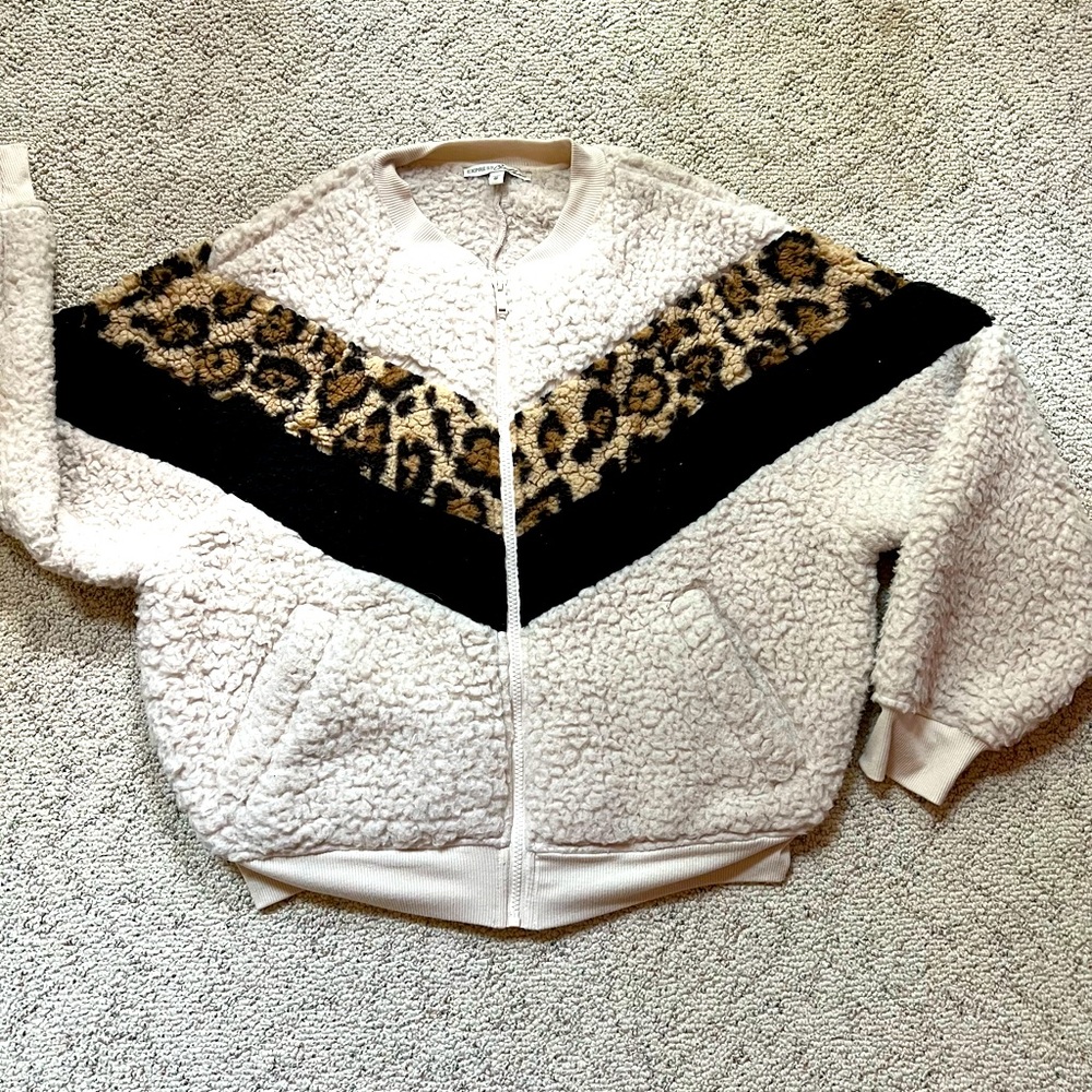 Express One Eleven Teddy Zip Up Jacket with Animal Print Sz Medium